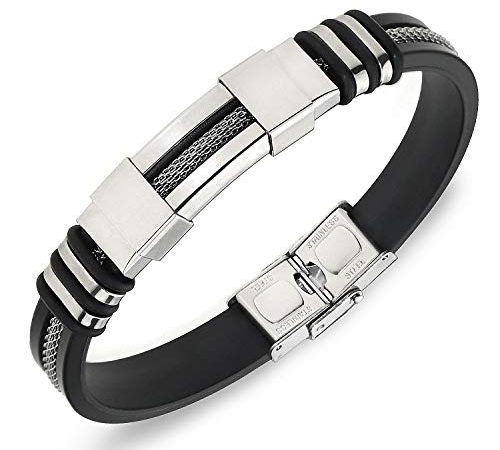 Suyi Bracelet Ajustable pour Homme Bracelet D'enveloppe De Silicone Bracelet Manchette en Acier Inoxydable Silver