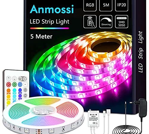 Anmossi Ruban LED 5m,Bandeau LED 5050 RGB Multicolore,Bande LED avec Télécommande, Bande Lumineuse 16 Couleurs et 4 Modes pour la Maison,la Cuisine,Television,Fête Décoration,Lumiere LED Chambre