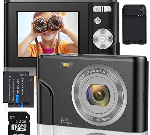 Appareil Photo Numérique 1080p FHD Mini Video Caméra Numérique 36MP Rechargeable Petite Caméra avec Carte SD de 32 Go 16x Zoom Compact Caméra pour Enfants, Étudiants, Adultes, Débutants (Noir)