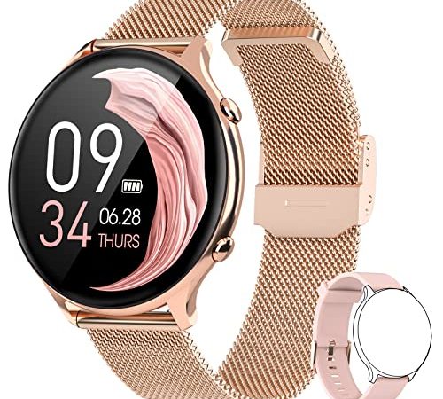 BANLVS Montre Connectée Femme, Smartwatch Sport IP68 avec Fonction Féminine, Montre Intelligente 24 Modes Sportifs, Fréquence Cardiaque, Oxygène Sanguin, Météo, Réveil, Calories pour Android iOS Or