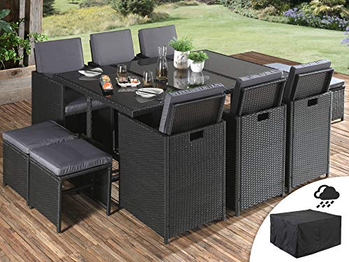 Bestmobilier - Fira - Salon de Jardin encastrable 10 Places - en résine tressée - Noir avec Coussins Gris + Housse de Protection