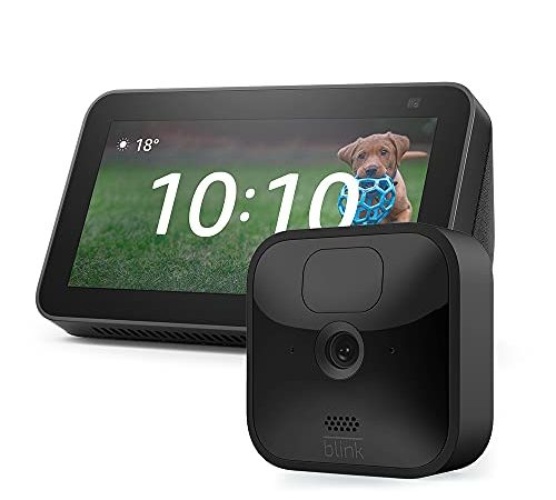 Blink Outdoor, Caméra de surveillance HD sans fil (Kit 1 caméra) + Echo Show 5 (2e génération, modèle 2021), Anthracite