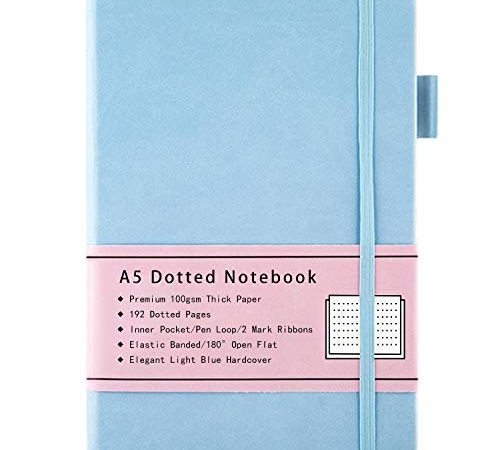 Bullet Journal, A5 Carnet Pointillé avec Papier épais de 100 gsm, Couverture Rigide, Poche Intérieure, Bande élastique, Couverture en Similicuir, 192 Pages, 14,5 x 21,3 cm (Bleu)