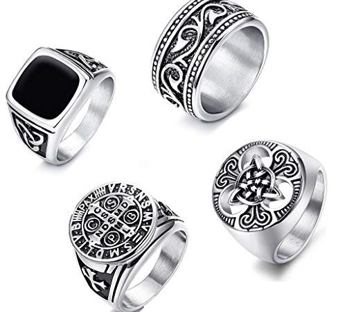 CASSIECA 4 PIÈCES en Acier Inoxydable Chevalière Bague pour Hommes Femmes Larger Ronde Gravure Templier Bague Vintage Punk Biker Gothique Croix Anneau