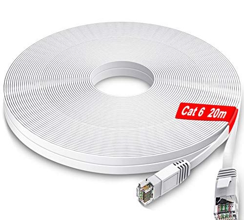 Câble Ethernet 20m - GLCON - Cat 6 Plat Câble de Réseau Haute Vitesse Gigabit 1Gbps RJ45 Compatible avec Cat.5e Cat.6 Cable Internet pour PC PS5/4 LAN Switch Modem Smart TV