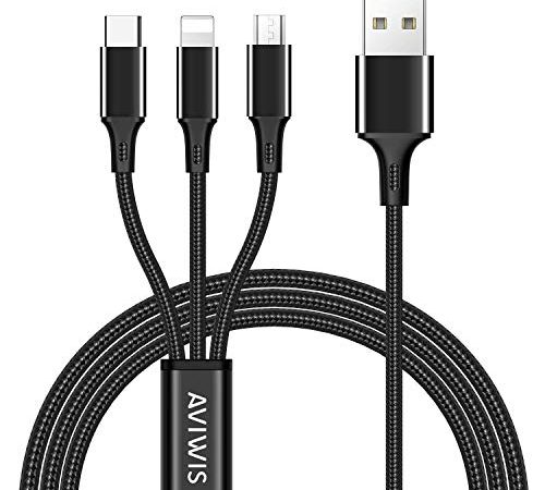 Câble Multi USB, AIVWIS 3 en 1 Multi Chargeur USB Câble en Nylon Tressé avec Micro USB Type C Connecteurs pour Smartphones, Tablettes, OnePlus, LG, Kindle, Wiko, PS4 et Plus - Noir 1.2m