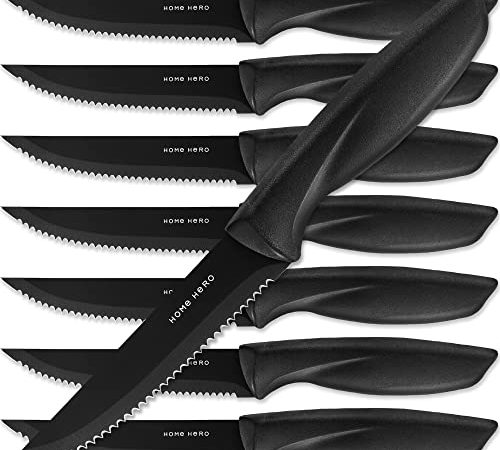 Couteaux à Steak de Cuisine Couteaux de Table - Lot de 8 Couteau Steak en Acier Inoxydable avec Lame Dentelée 21 cm Noir - Couteau Viande Couverts de Table Couteaux de Table - Steak Knives Set