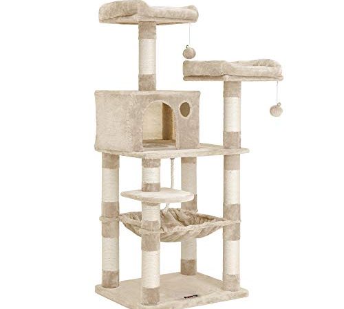 FEANDREA Arbre à Chat, Stable, 2 niches, Hauteur 143 cm, Beige PCT15BE