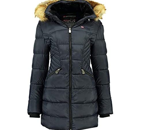 Geographical Norway ABEILLE - Grande Parka Pour Femme - Manteau Hiver Chaud - Manches Longues Et Col En Fourrure Synthétique - Jacket Dame Tissu Resistant (MARINE XL)