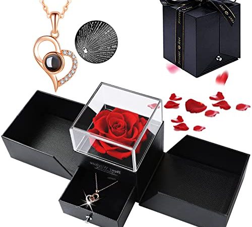 gudong Rose Eternelle Cadeau Femme Anniversaire, Cadeau Fleur de Rose Conservée à la Main avec Collier et Carte de Voeux, Idee Cadeau Anniversaire Saint Valentin Fete des Meres Noël pour Femme Maman