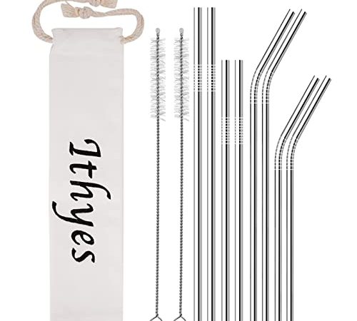 Ithyes Lot de 10 pailles réutilisables en acier inoxydable, longues pailles en métal, brosse de nettoyage, lavable, convient pour jus et boissons, 265 mm/215 mm (argent)