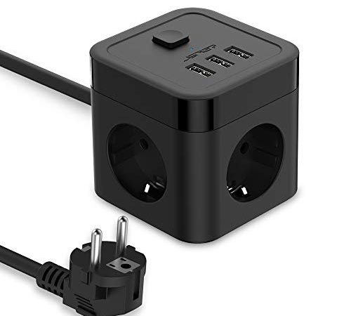 JSVER Cube Multiprise USB 3 Prises avec 3 Ports USB Chargeur de Voyage(5V3,1A/15,5W) Multiprises Parasurtenseur Parafoudre et Surtension avec Interrupteur Cable 1.5m pour Smartphone Tablette- Noir