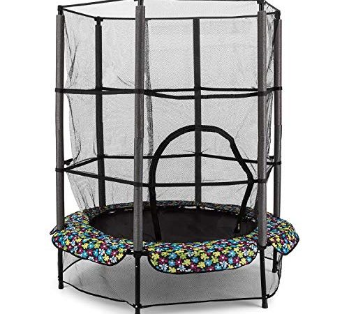 KLAR FIT Rocketkid - Trampoline extérieur Enfant, Adapté au Jardin, Enfants de Plus de 3 Ans, Surface de Saut de 140cm, Filet de sécurité, Cordes, Charge maximale 50kg, Rebord rembouré - Noir Floral