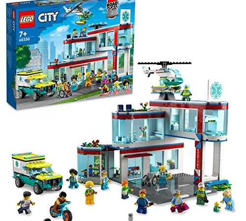 LEGO 60330 City L’Hôpital, Set de Construction, Jouet Camion d’Ambulance, Hélicoptère et 12 Minifigures pour Enfants 7 Ans