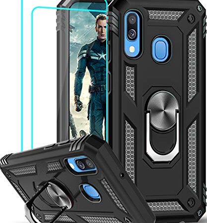 LeYi Coque pour Samsung Galaxy A40 [2 Pcs D'écran Verre Trempé] Anneau Support, Militaire Double Couche Renforcée Défense Bumper TPU Silicone Antichoc Armure Protection Housse Etui Samsung A40 Noir