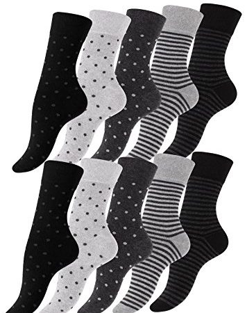 Lot de 10 paires de dames chaussettes et filles chaussettes Dots and Stripes en coton - parsemaient et rayé, Multicolore (Noir/Gris), 39-42