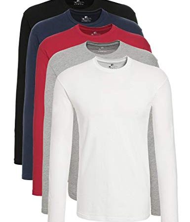 Lower East Lot de T-Shirt homme à Manches Longues et avec col rond, Lot de 5, Noir/Blanc/Bleu Marine/Gris/Rouge, M