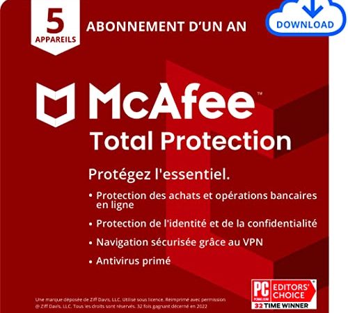 Mcafee Total Protection 2022 | 5 Appareils | 1 An | Antivirus, Sécurité Internet, Gestionnaire de Mots de Passe,Protection de l'Identité | PC/Mac/Android/Ios | Télécharger