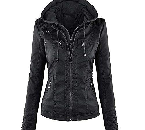 Newbestyle Veste Cuir Femme Fermeture Éclair Manteau à Capuche Court Veste (Noir, S)