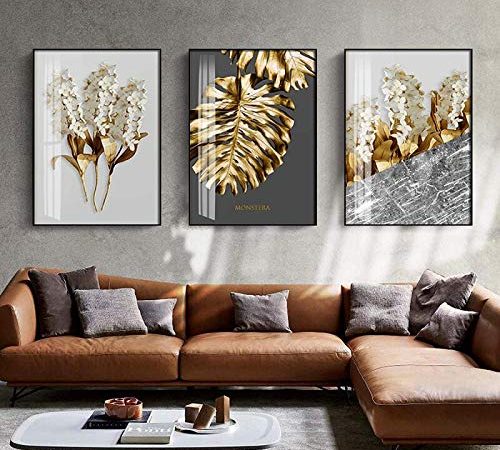 Nordique d'or Feuille Abstraite Fleur Murale Art Toile Tableau Peinture Noir Blanc Plumes Affiche Murale Tableaux pour Salon Decoration sans Cadre 40×50cm×3 PièCes