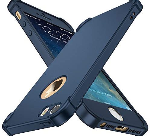 ORETECH Coque Compatible avec iPhone Se 2016 5 5S, avec 2 x Protecteur D'écran en Verre Trempé Housse Hybride Robuste 2 en 1 Antichoc Mince AntiRayures Dur PC TPU Etui pour iPhone Se 2016 Bleu foncé