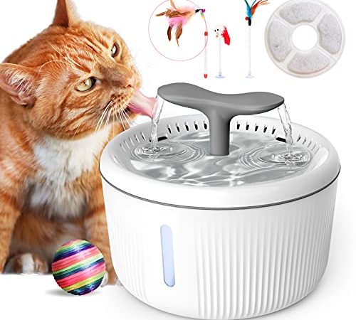 PewinGo Fontaine pour Chat Chien, 2L Silencieuse Fontaine à Eau pour Chats avec LED Fenêtre de Niveau d'eau et Filtre à Charbon Actif -4 Jouets