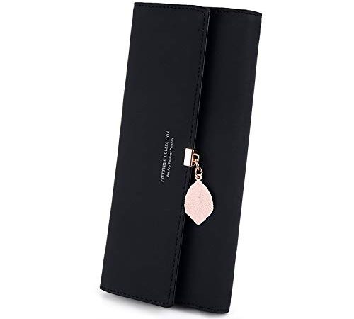 Portefeuille Femme Longue Porte-Cartes Porte-Monnaie à glissière avec Feuille Pendentif en PU Cuir, 10 Emplacements Cartes pour Cadeau de Noël Saint-Valentin (Noir)