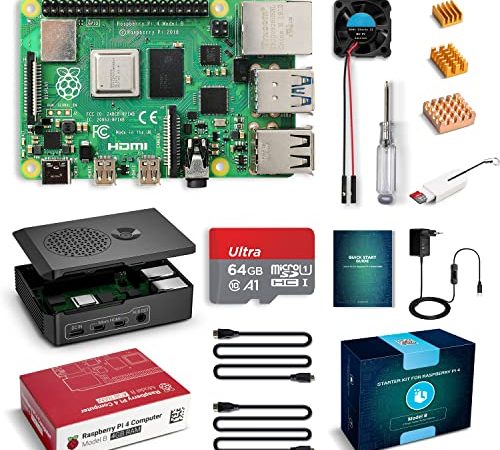 Raspberry Pi 4 Modèle B 4Go avec 64Go RAM Class10 Carte MicroSD, Prend en Charge le Double Affichage 4K/1000Mbps/Bluetooth 5.0, 5V 3A USB-C ON/OFF Alimentation à Découpage et Câble Micro HDMI -RPi 464