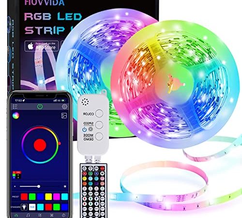 Ruban LED, HOVVIDA 15M Bluetooth Bande LED RGB 12V, Contrôlé par APP, IR Télécommande et Contrôleur, 16 Millions de Couleurs, 28 Modes de Style, Mode de Chronométrage.