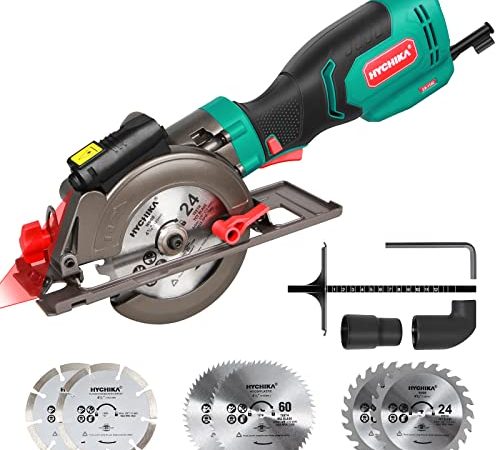 Scie Circulaire, HYCHIKA 750W 3500RPM Petite Scie Circulaire, 6 Lames(115 & 125mm), Guide Laser, Max Profondeur de Coupe 48mm(90°), 32mm(45°), Idéal pour Couper du Bois, Carrelage, Métal Mou