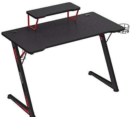 SONGMICS Table de jeu, Bureau, avec support pour moniteur, porte-gobelet, support pour écouteurs, multifonction, cadre en acier en Z, montage facile, Noir et Rouge LGD001B01