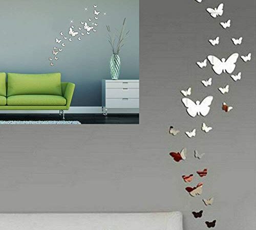 SwirlColor Stickers Papillons Muraux, 30 Pièces Stickers Miroir Papillon Acrylique Argent 3D Stikers Murals Papillon Decoration pour Salon Chambre Bureau