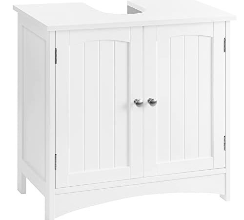 VASAGLE Meuble sous lavabo, Meuble de salle de bain, Placard de rangement, 2 portes battantes, 1 étagère réglable, espace de rangement, sur pied, style cottage, Blanc BBC01WT