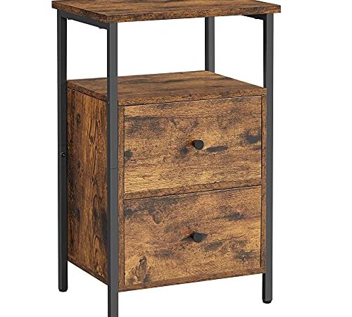 VASAGLE Table de Chevet, Table de Nuit, Bout de Canapé 2 Tiroirs, pour Chambre, Salon, Style Industriel, Marron Rustique et Noir LET521B01