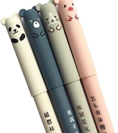 XIAQIU Lot de 4 stylos à encre gel effaçable avec motif animal de dessin animé, encre bleue, 0,35 mm