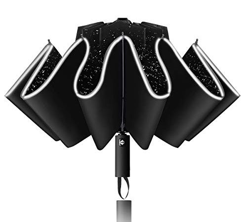 Yoophane Parapluie Pliant Resistant au Vent, Parapluie Inversé Automatique, Parapluie Homme Femme Compact avec Bande Réfléchissante, Mini Parapluie de Voyage, Noir