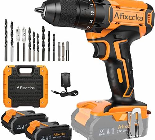 Afixccka Perceuse Visseuse Sans Fil 21V, Visseuse Devisseuse Sans Fil 45Nm Max avec 2 Batteries 2.0Ah, 13mm Mandrin Auto-serrant, 18+1 Réglages de Couple, 2 Vitesses, LED pour Bricolage