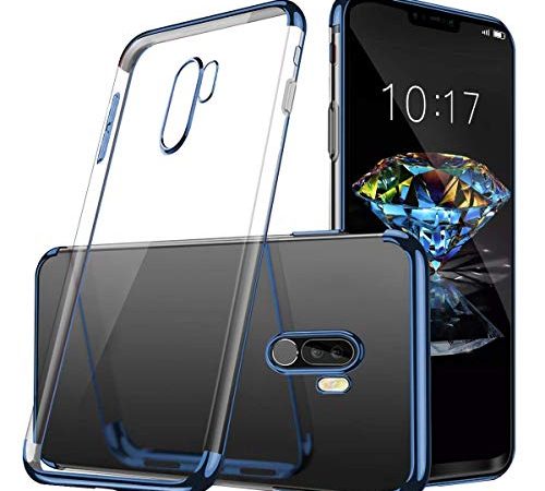 AIsoar Coque Compatible/Replacement pour Xiaomi Pocophone F1 Placage Bumper Housse Transparente Gel Silicone TPU [Crystal Clear] Souple avec Cadre Protection Brillant Chromé pour Pocophone F1 (Bleu)