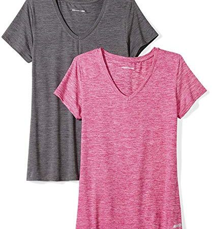 Amazon Essentials 2-Pack Tech Stretch Short-Sleeve V-Neck T-Shirt Chemisier- Femme - Gris anthracite/framboise - US XL (EU 2XL)