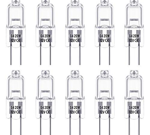 Ampoules Halogènes G4, Lampe de Base à Broche Halogène Techgomade 12V 20W, Blanc Chaud 3000K, 350LM, Gradable, Lampe Halogène Basse Tension G4, Lampe à Capsule Transparente, Paquet de 10