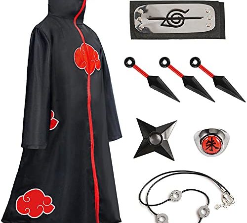 Amycute Costume Akatsuki Itachi Cape Cosplay Deguisement Akatsuki Uchiha Itachi Bandeau Bague Collier Ninja Accessoires Anime Carnaval Halloween Noël pour Adulte Enfant (L)