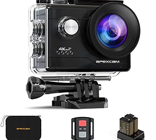 Apexcam Caméra Sport 4K 20MP Action Camera WiFi Caméra Étanche 40M Ultra HD Caméra d'action 170 ° Grand-Angle avec 2.4G Télécommande et 2 Batteries Rechargeables et Kit d'accessoires