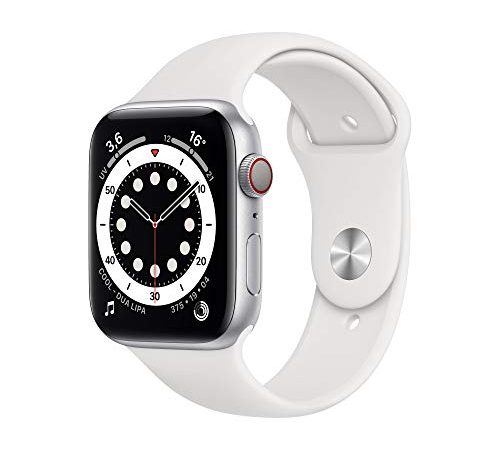 Apple Watch Series 6 (GPS + Cellular, 44 mm) Boîtier en Aluminium Argent, Bracelet Sport Blanc