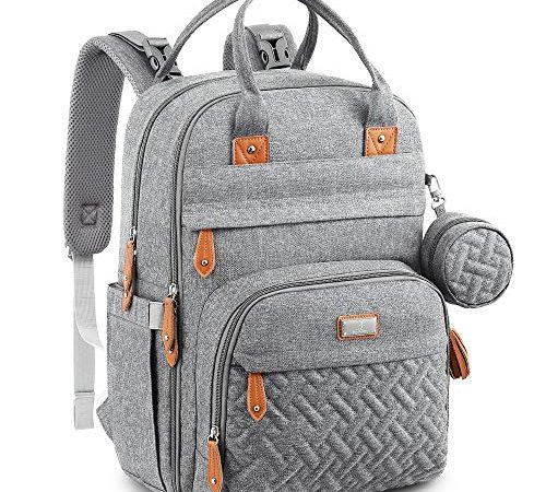 BabbleRoo Sac à Dos à Langer avec Matelas à Langer pour Bébé – Grande Capacité Sac à Couches Multifonction Imperméable Sac de Voyage avec étui à sucette détachable, Unisexe (Gris)