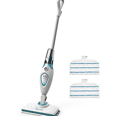 BLACK+DECKER - Balai Vapeur avec 2 Patins Microfibre - Nettoyeur de Sol 1600W - Multi-Surfaces - Temps de Chauffe 20 sec - Tête Pivotante 180° - Réservoir 350 ml - Nettoyage Parfait - FSM1615-QS