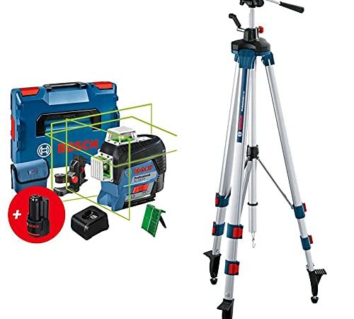 Bosch Professional 12V System Laser Lignes GLL 3-80 CG (2 Batteries 12 V, Chargeur, avec Application Mobile Dédiée) & Trépied pour Lasers et Niveaux BT 250 (Hauteur : 97,5–250 cm, Filetage : 1/4")