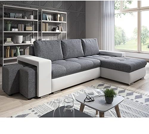 Canapé d'angle Simon 255 cm - Convertible et réversible avec Coffre - 3 Places - Simili Blanc/Tissu Gris + 2 poufs