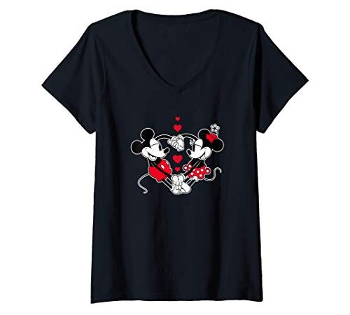Femme Disney Mickey and Minnie Love Gaze Hearts T-Shirt avec Col en V