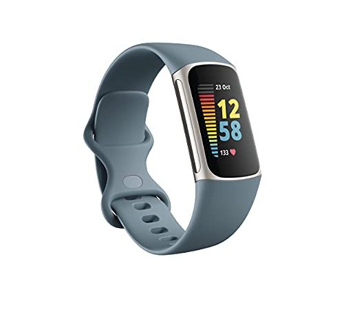 Fitbit Charge 5 Bracelet d’activité avec abonnement de 6 mois à Premium inclus, jusqu’à 7 jours d’autonomie de batterie et score d’aptitude quotidienne, Bleu acier/acier inoxydable platine