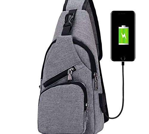 flintronic Sacoche Homme Bandouliere, Sac à Poitrine avec Chargement USB et Port pour Écouteurs, Sac à Dos de Voyage pour Homme & Femme (avec 1*Câble USB), Taille unique, Sac en Bandoulière Gris